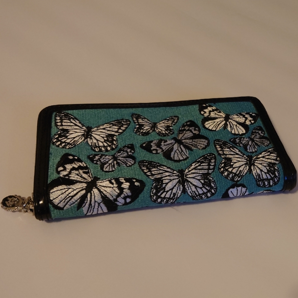 Lulu Guinness Teal Butterfly Embroidered Zip Around Wallet Clutch Leather Lined